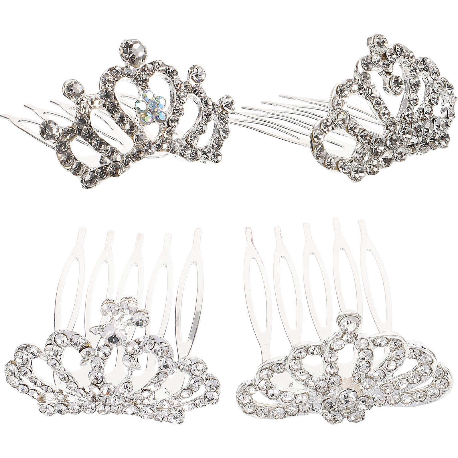 4pcs Rhinestone Inlaid Small Crown Tiara with Combs for Girls Headdress