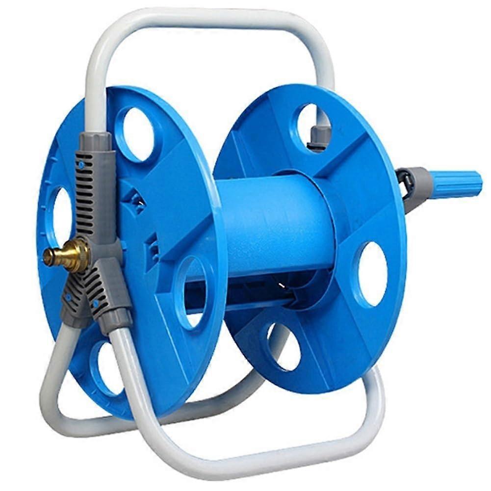 Garden hose reel with crank handle, metal inlet/outlet, holds 40m of 1/2inch hose.