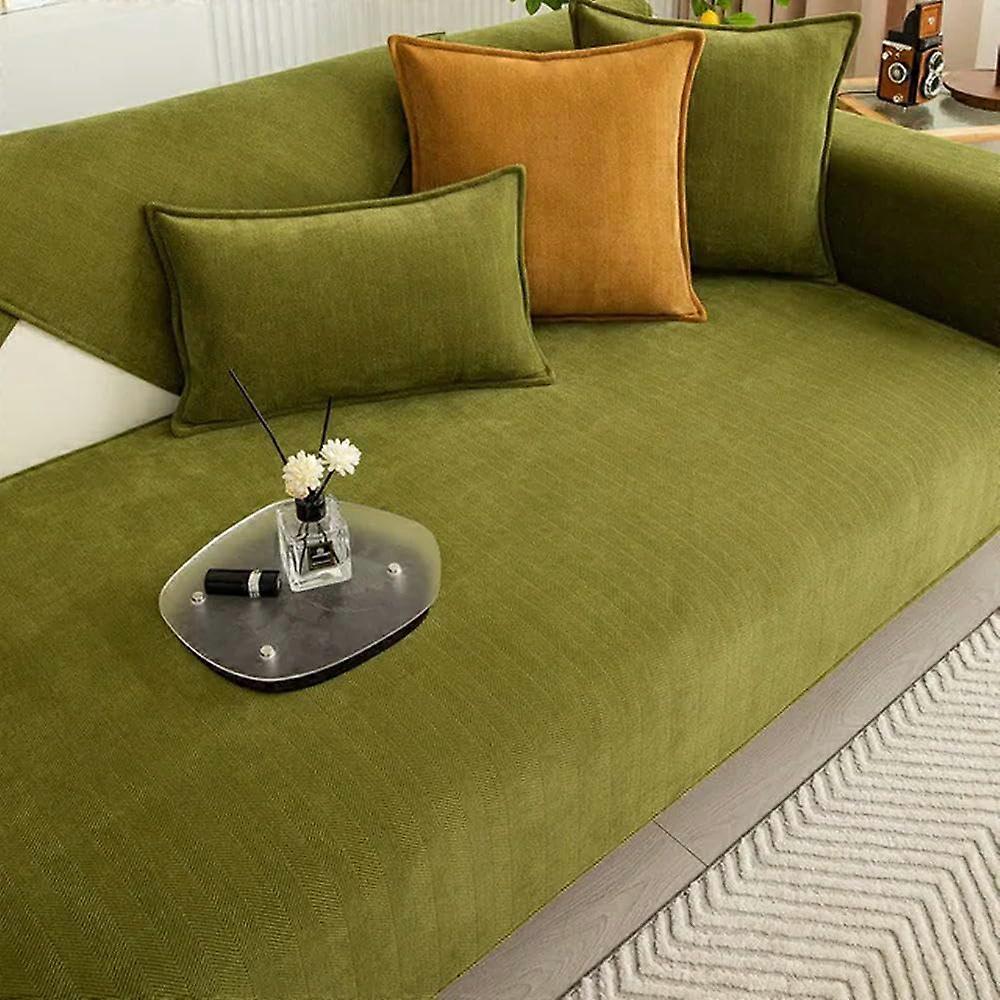 Chenille Sofa Cover Non-Slip L Shaped Couch Cushion Solid Color Striped Pad Green 110x240cm 1pc