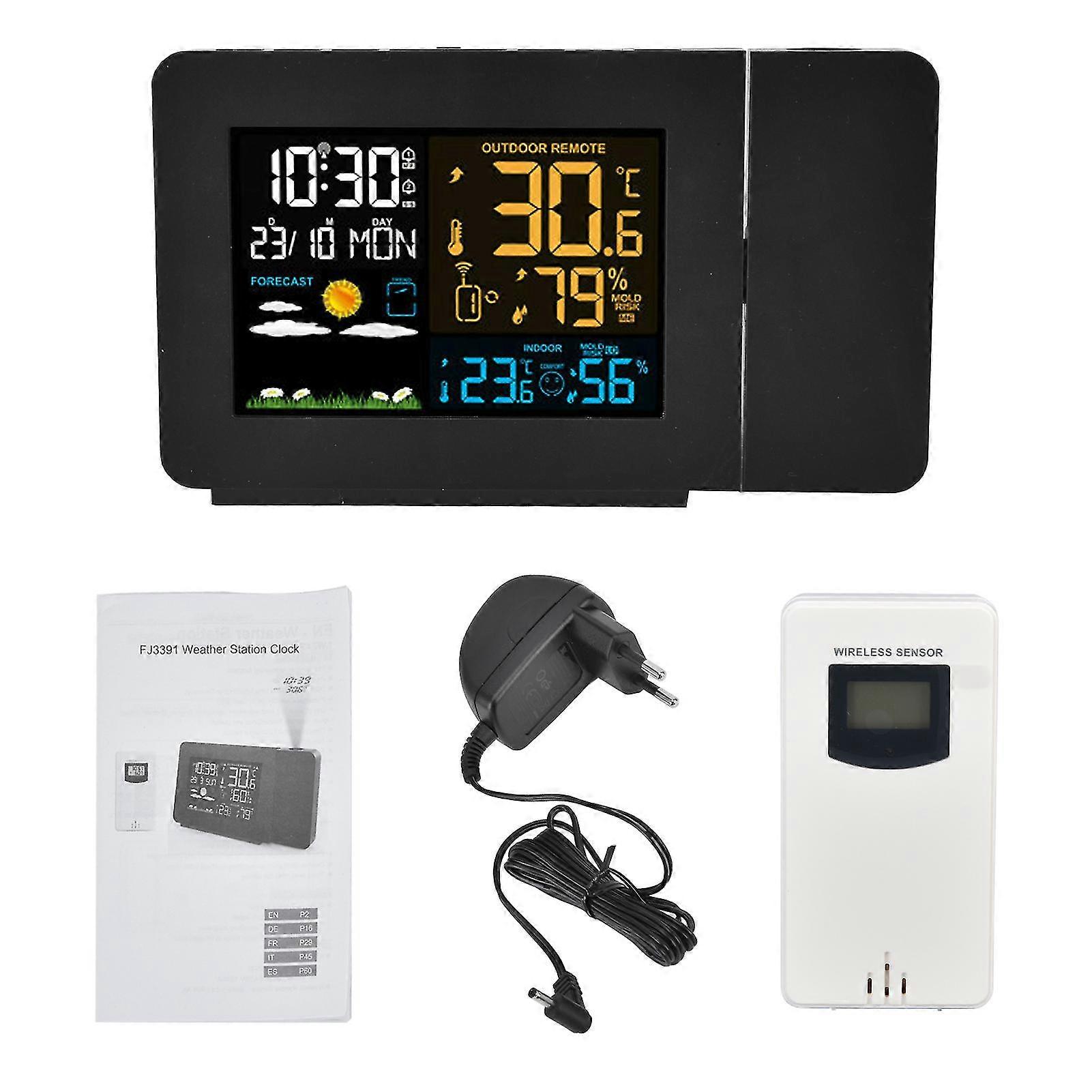 Multifunctional Projection Weather Station Clock Indoor Outdoor Temperature Humidity Display Colour Screen EU Plug 100-240V No Batterie
