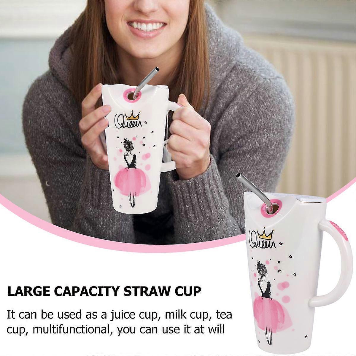 Straw Cup Ceramic Mug Large Capacity for Beverage Drinking