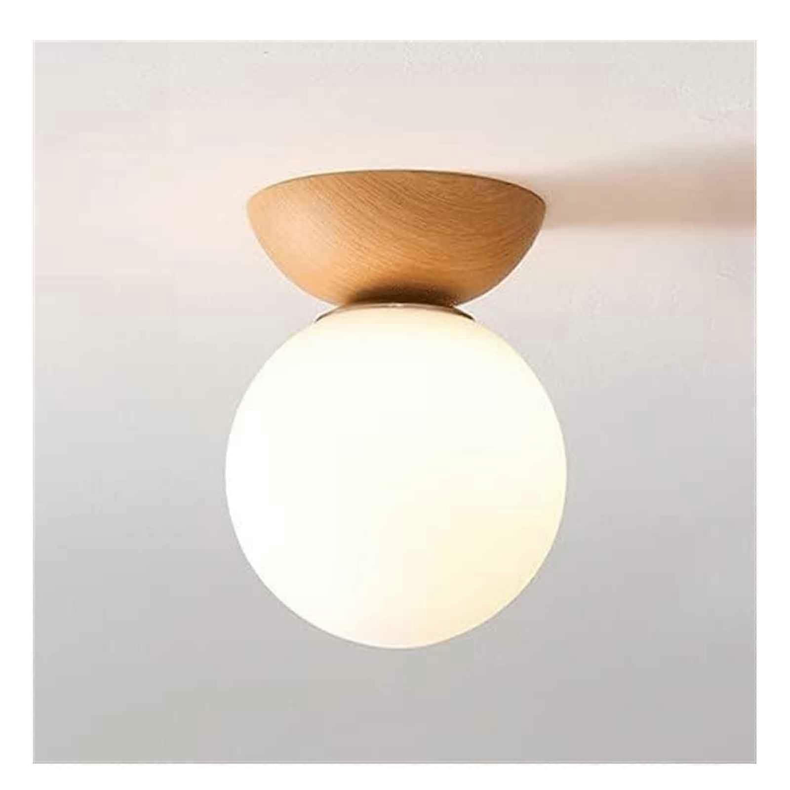 Ceiling Light Glass Ball Flush Mount With Wood Grain Base Scandinavian Style Close To Ceiling Lamp For Hallway Bedroom