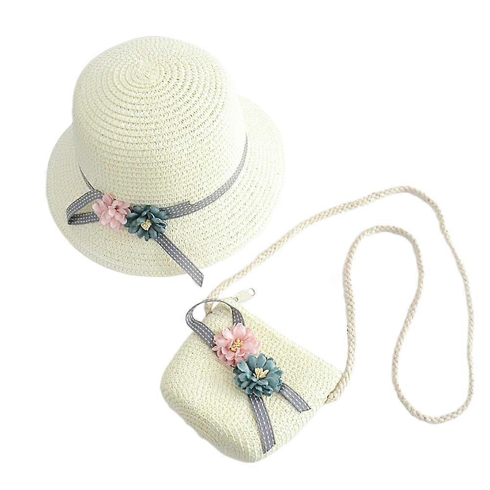 Kids Straw Hat and Straw Kids Bag Combo for Beach Use 2Sets White