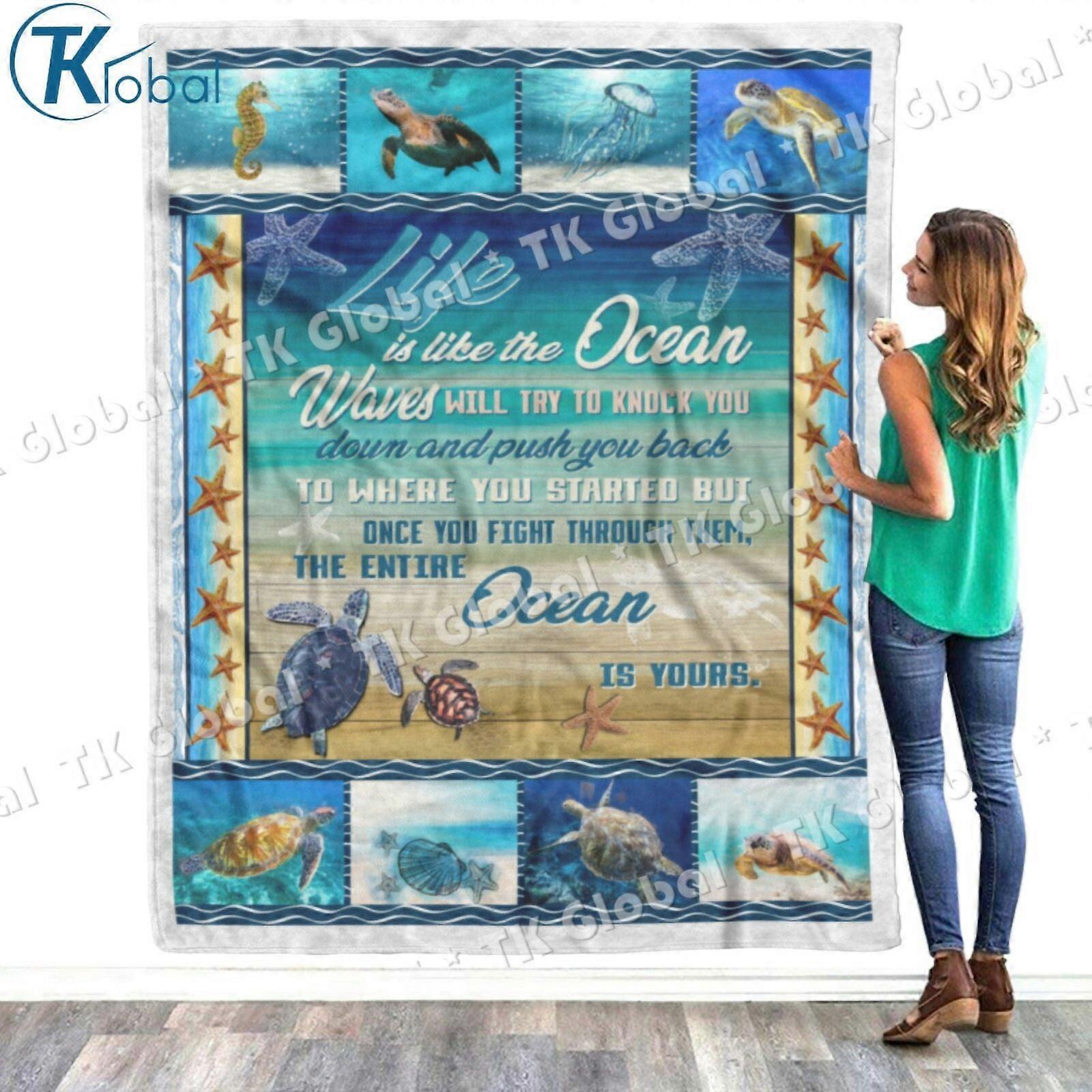 Sea Turtle Blanket, Life is like the ocean Fleece, Sherpa Blanket
