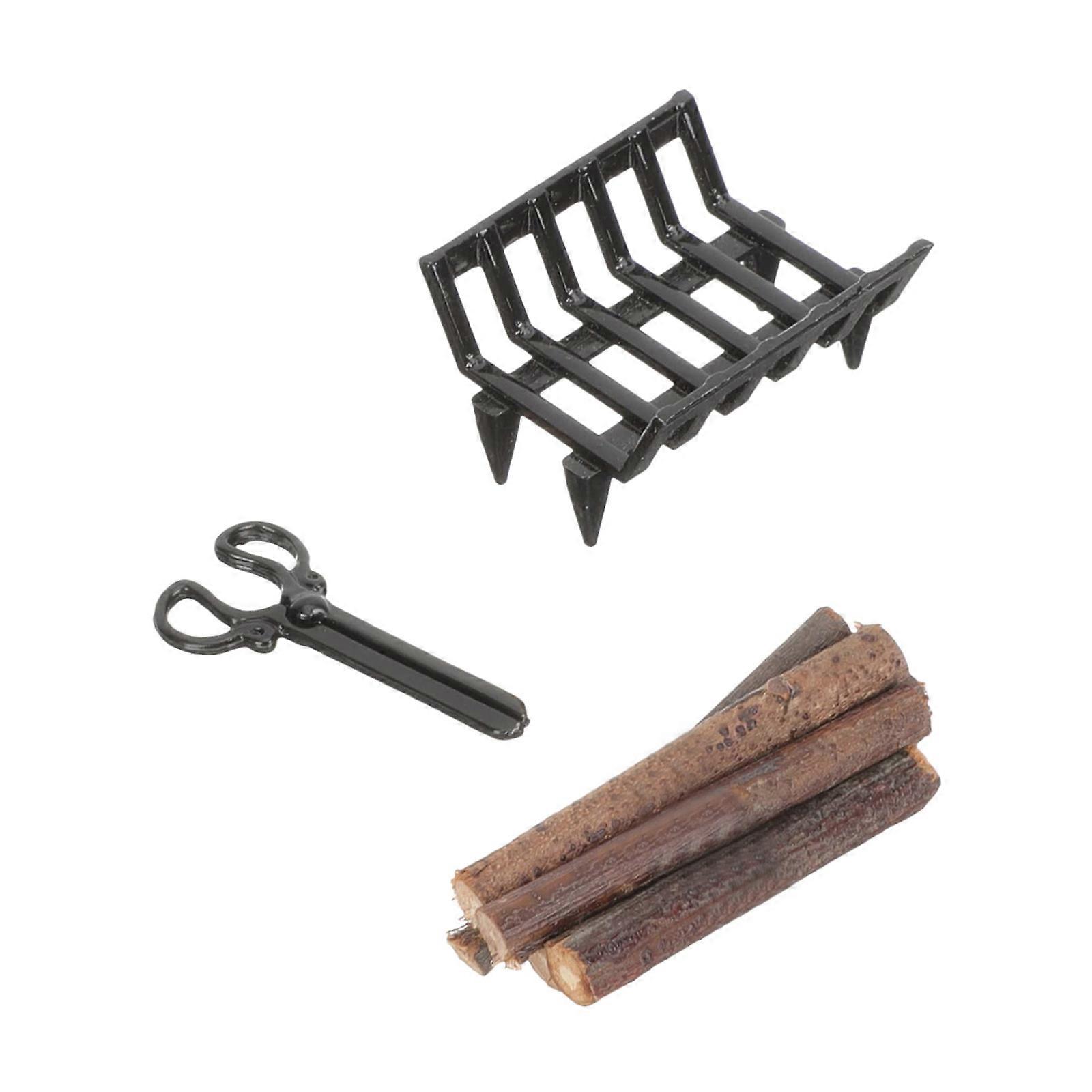 Realistic Miniature Firewood Display Set For 1/12 Scale Dollhouses Includes Rack And Fire Tongs Craft Model Decoration Multicolor