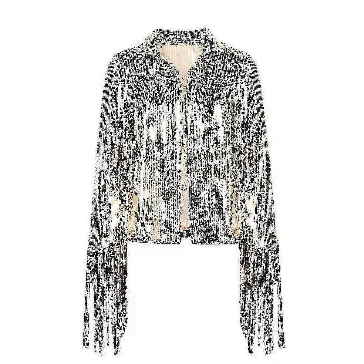 Women's Sequin Jacket With Tassel, Metallic Shiny Cardigan