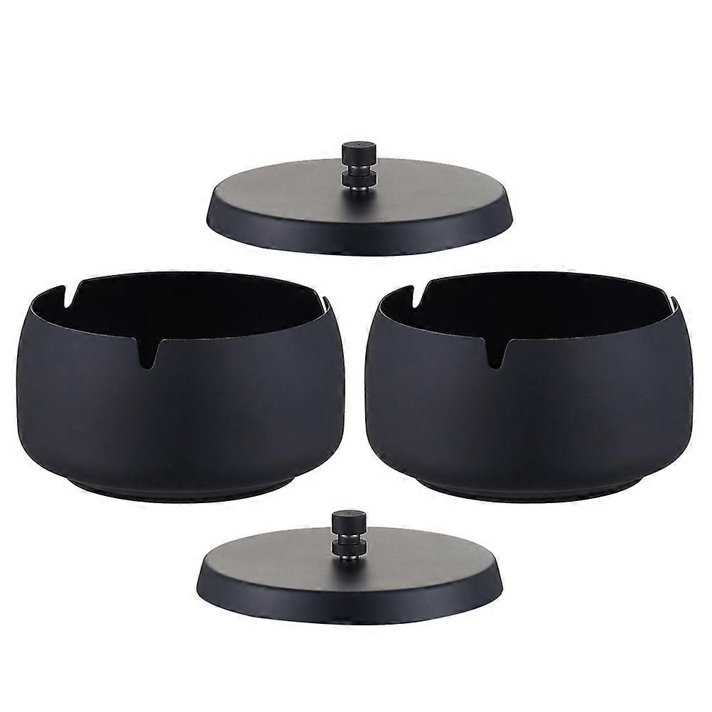 Black Stainless Steel Ashtray for Windproof Function 2Pcs Home and Outdoor Use