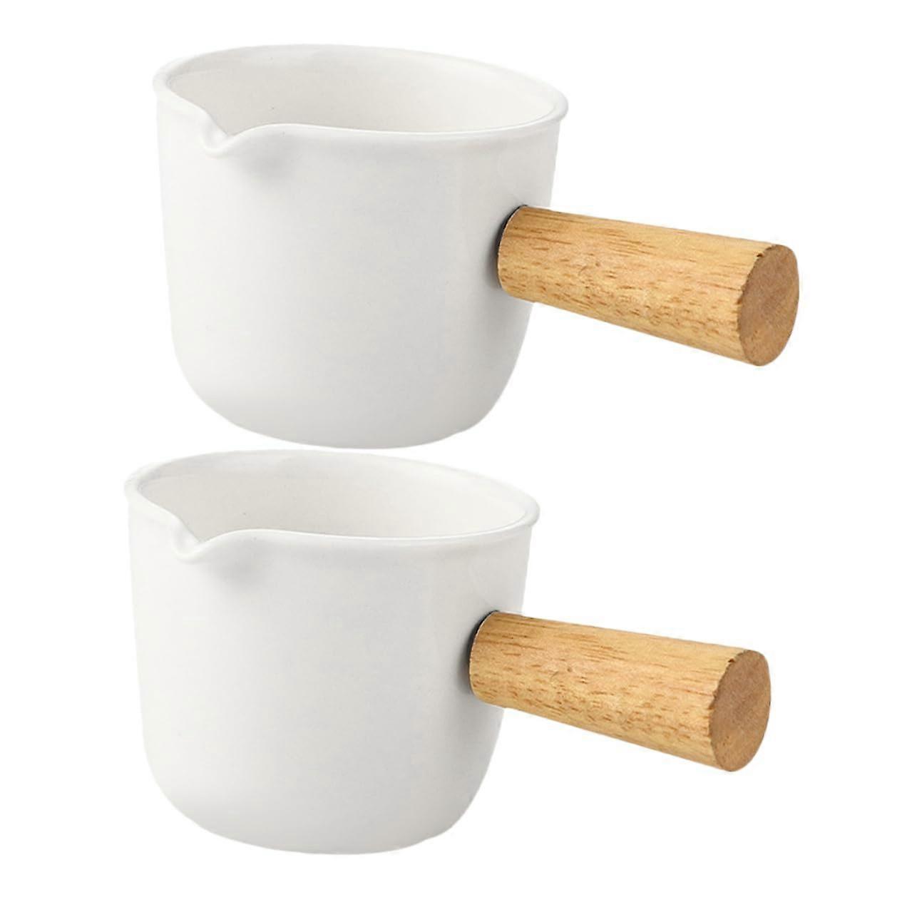 Ceramic Creamer Jug and Syrup Dispenser Set of 2 with Wooden Handle for Coffee Milk Frothing