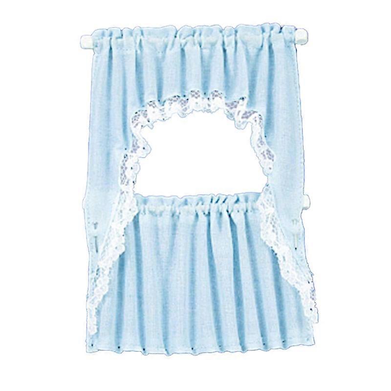 Dolls House Blue Curtain &amp; Valance Set On Rails Miniature Window Accessory
