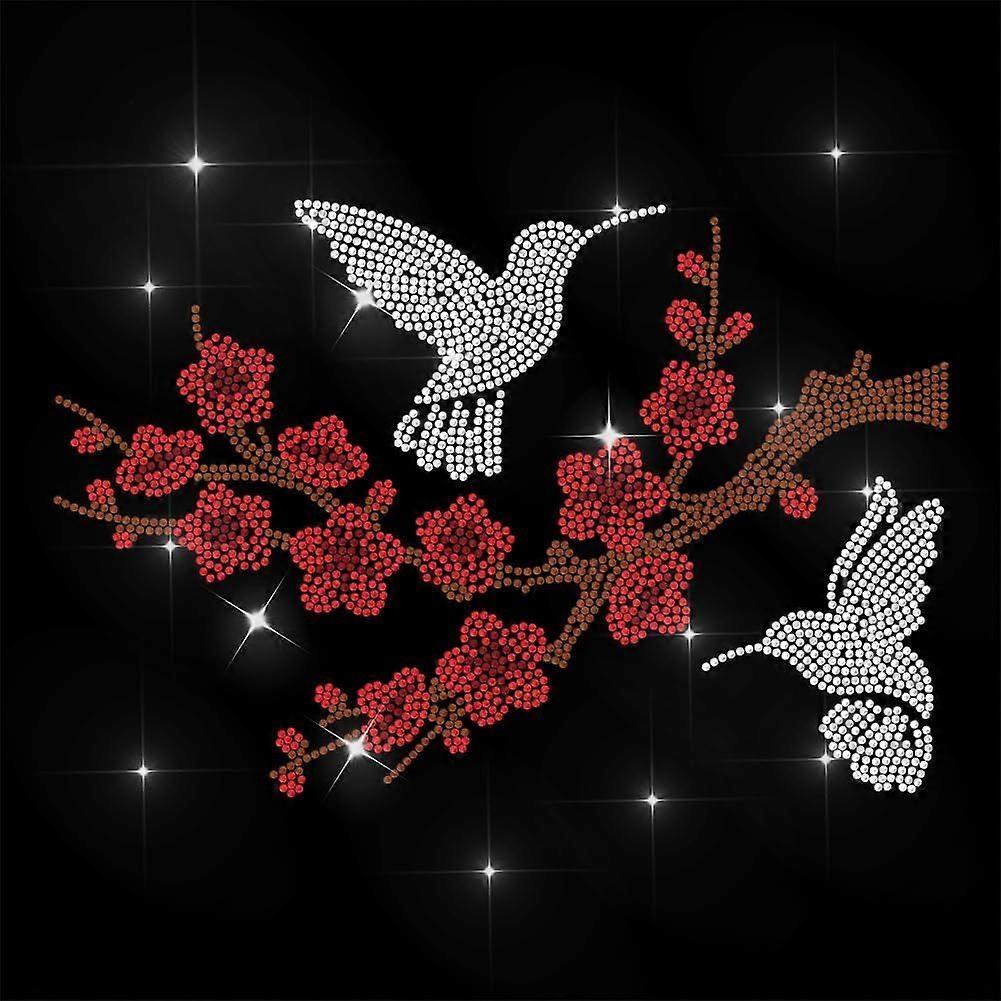 Red Rhinestone Iron on Transfer Plum Blossom and Hummingbird Bling Diamond Hotfix Patches for Clothes 11.6"x8.2" Large Iron On Sequin Applique for Jea