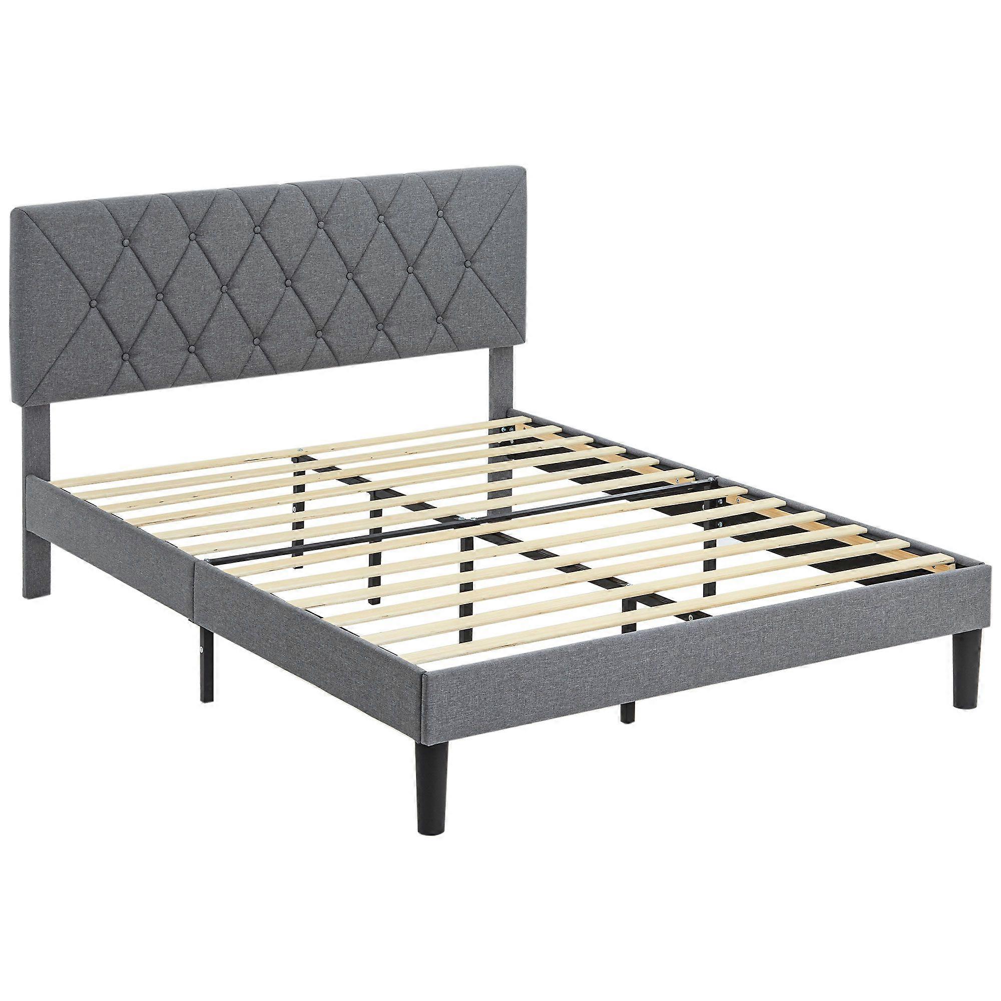 Double Bed with Adjustable Upholstered Headboard and Slats