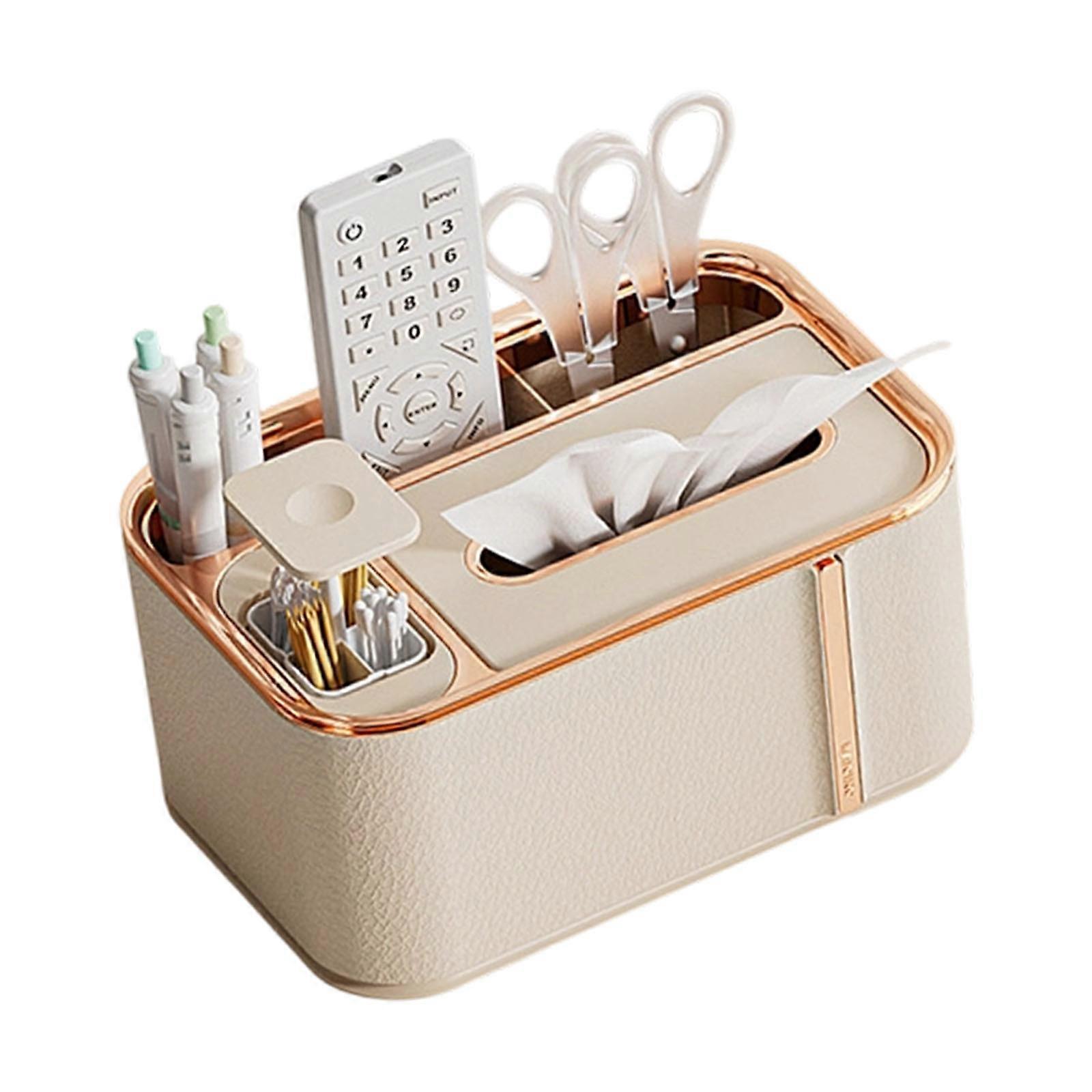Practical Plastic Tissue Box Organizer witth Storage Compartment Nonslip Base Rectangular Remote Control Holder  White
