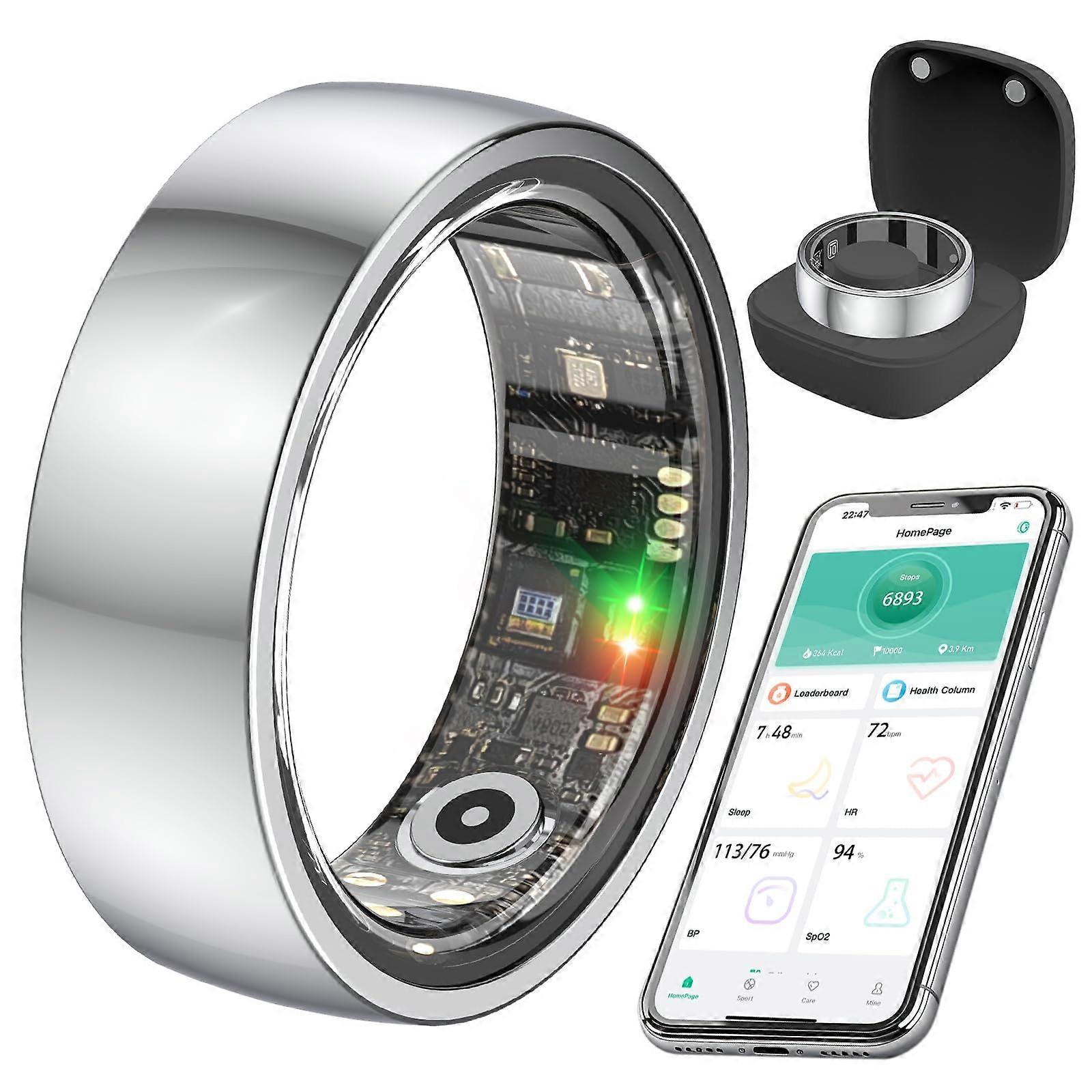 Smart Health Ring with Blood Pressure Heart Rate Sleep Tracking IP68 Waterproof for Android iOS Silver Size 9