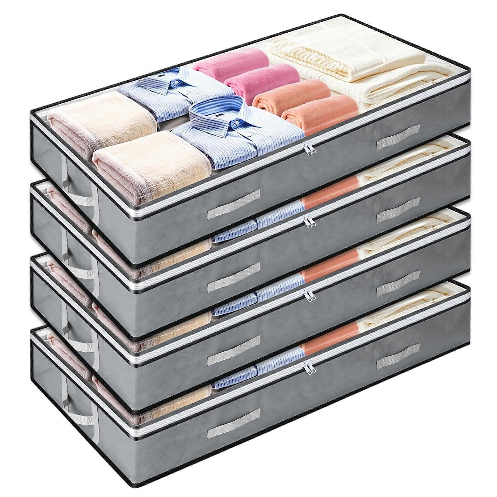 4 Pack Low Profile Under Bed Storage Containers with Clear Window, Foldable Organizers for Clothes and Blankets