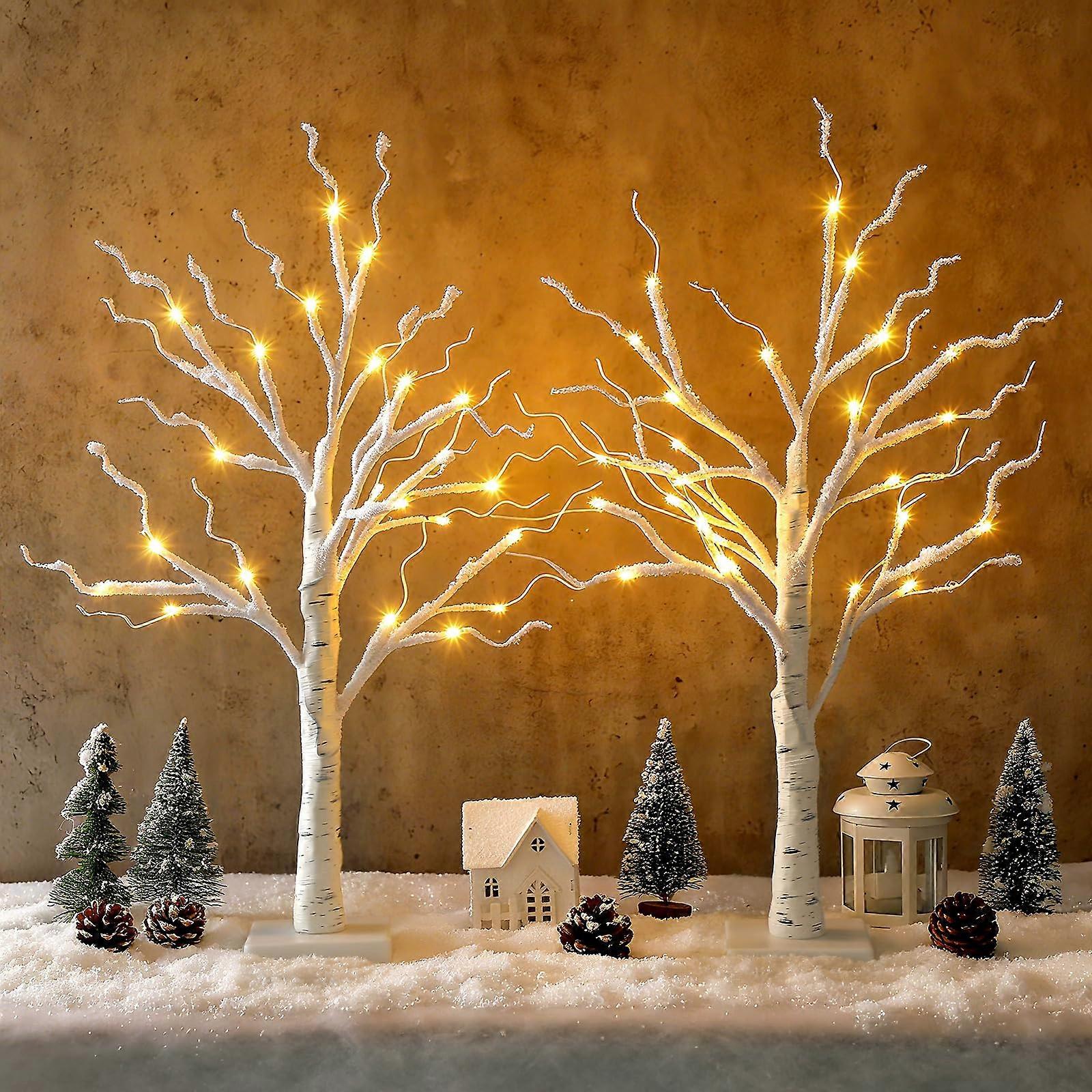 2 Pack 2ft Christmas LED Birch Tree with Warm White Glow, Snow Effect, USB and Battery Powered