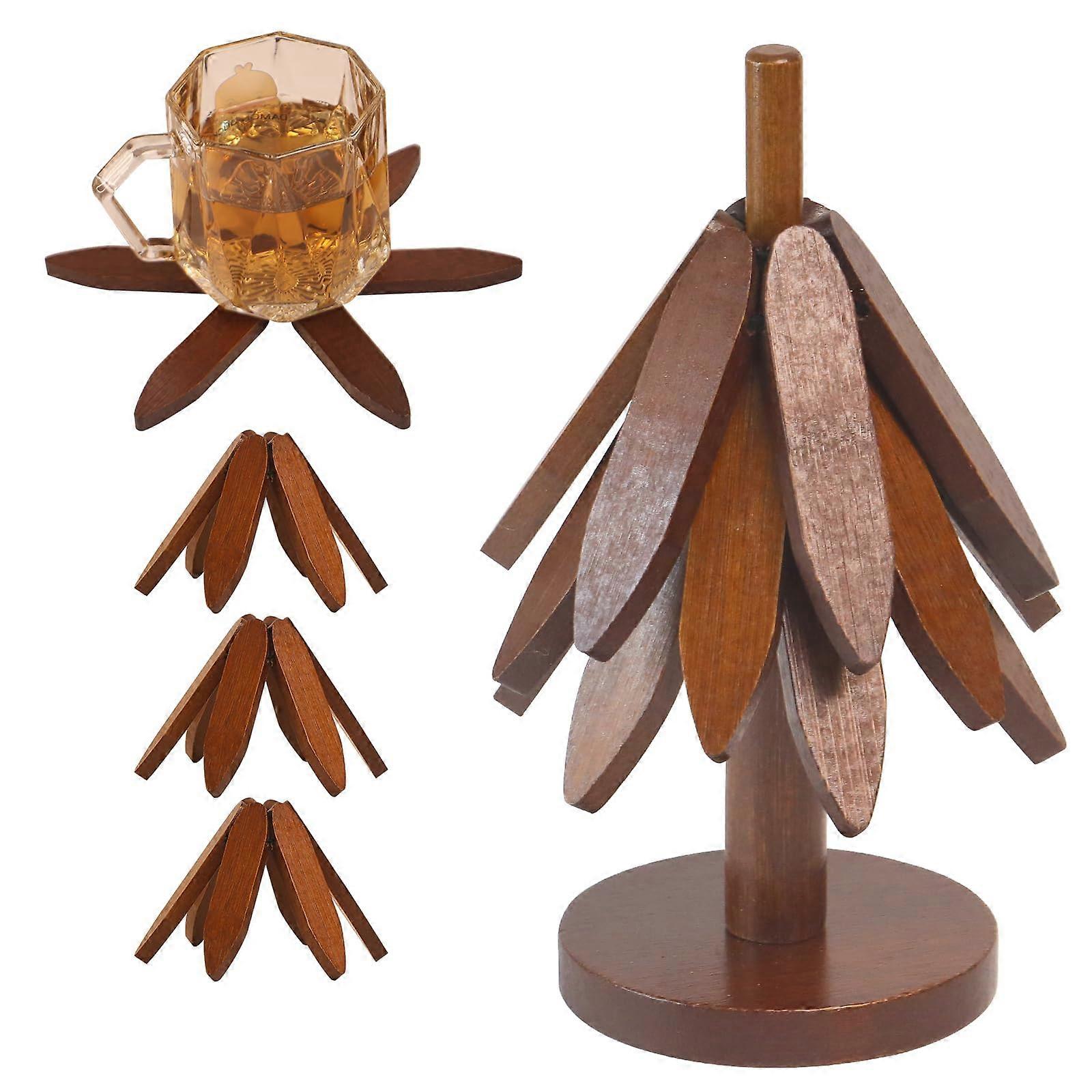 Wooden Coasters Beech Wood Heat Resistant Rustic Tree Pattern for Hot and Cold Drinks Walnut3