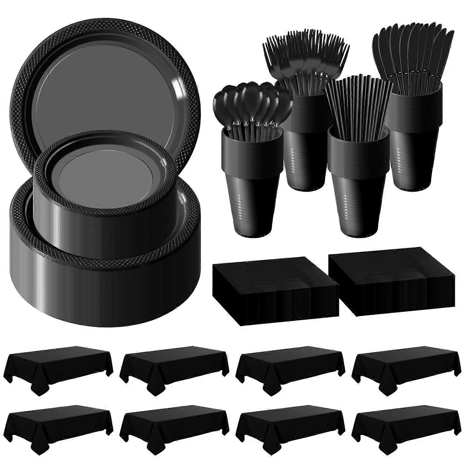Disposable Dinnerware Set for 120 Guests, 968pc Black Plastic Plates Cups Cutlery Party Kit