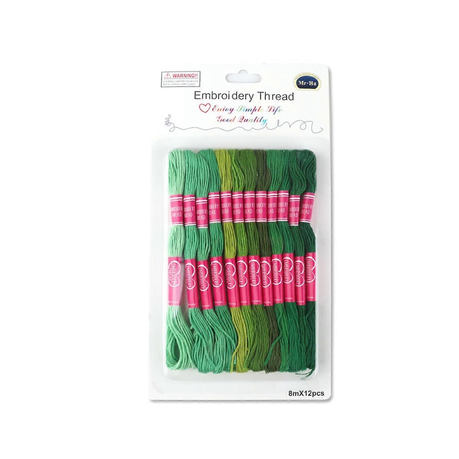 12pcs Gradient Embroidery Thread Green Cross Stitch Floss 8m Soft Durable Polyester for Sewing