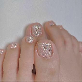 24 Pcs Press on Toe Nails Short Square Acrylic with Glitter, Reusable Fake Toenails Set for Women
