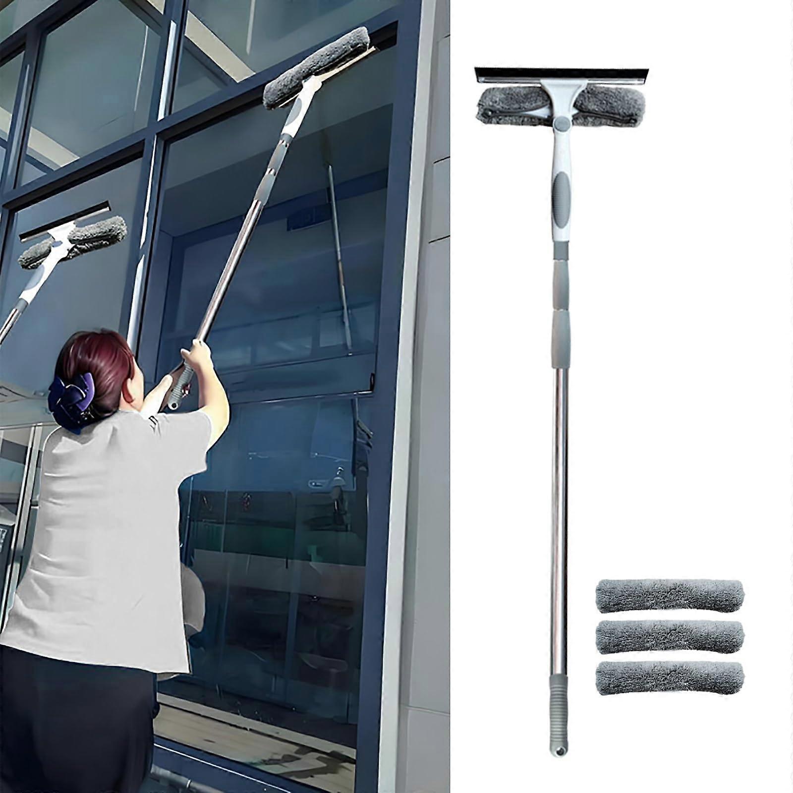 Window Cleaning Kit with Extendable Pole, Rotating Head and Streak Window Squeegee, 3 Cloths