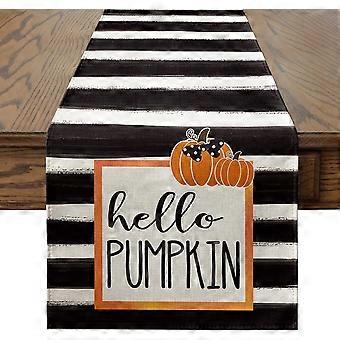 Heytea Watercolor Stripes Hello Pumpkin Thanksgiving Table Runner, Seasonal Fall Harvest Vintage Kitchen Dining Table Decoration for Indoor Outdoor Ho