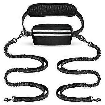 Hands Free Double Dog Leash for 2 Dogs, Shock Absorbing Bungee, Adjustable Waist Belt & Pouch