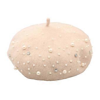 Women Beret Faux Pearl Rhinestone Decor Vintage English Style Woolen Hat No Brim Solid Color Adjustable Straps Pumpkin Cap