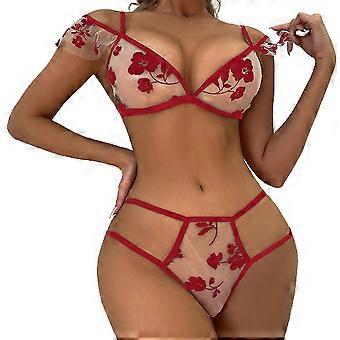 Womens Mesh Sheer Lingerie Set Sexy See Through Floral Bra Thongs G-string Underwear Sleepwear Set