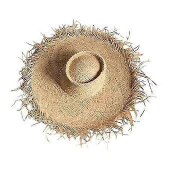 Breiter Strohhut aus Raffia, handgewebter Sonnenschutzhut mit abgenutzten Details, elastischer Sitz für Kopfumfang 54-58 cm, atmungsaktige Kopfbedeckung für Frauen, ideal für Strand und Reisen.