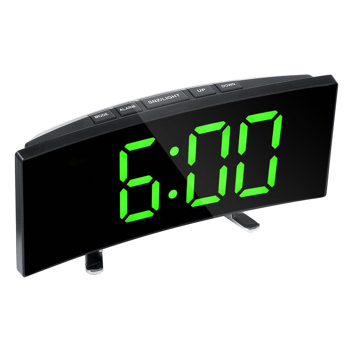 Led Digital Alarm Clock Large Curved Mirror Screen Brightness Adjustable Electronic Time Date Temperature Display Table Clock