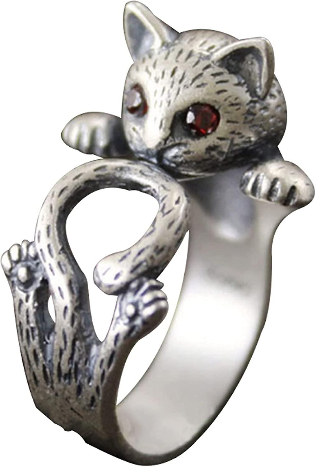 リング、レトロな女性赤い目ラッキー猫子猫の形ラインストーンオープンフィンガーウェディングリングボヘミアンレトロヴィンテージジュエリー - アンティークシルバー