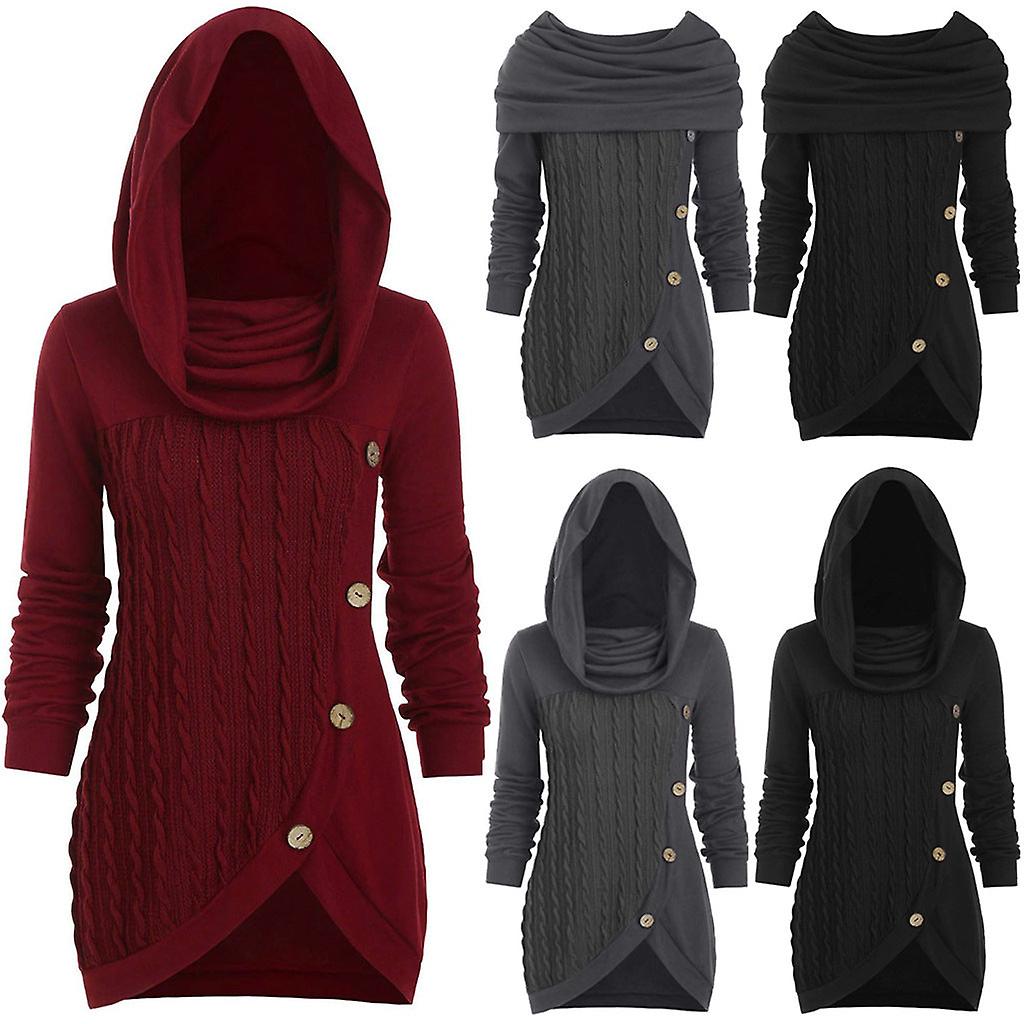Women's Plus Size Solid Color Stitching Fastener Decoration Hooded Irregular Knitting Sweater