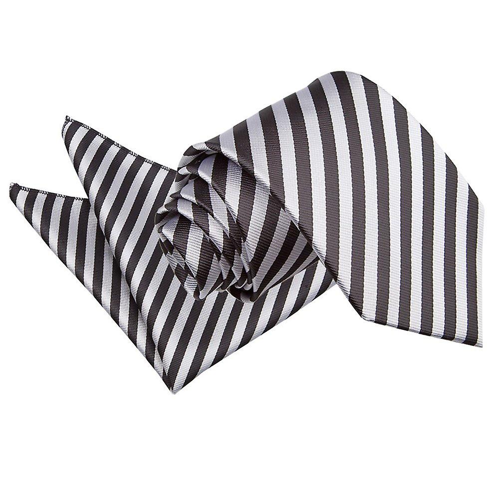 Black and Silver Thin Stripe Tie and Pocket Square Set