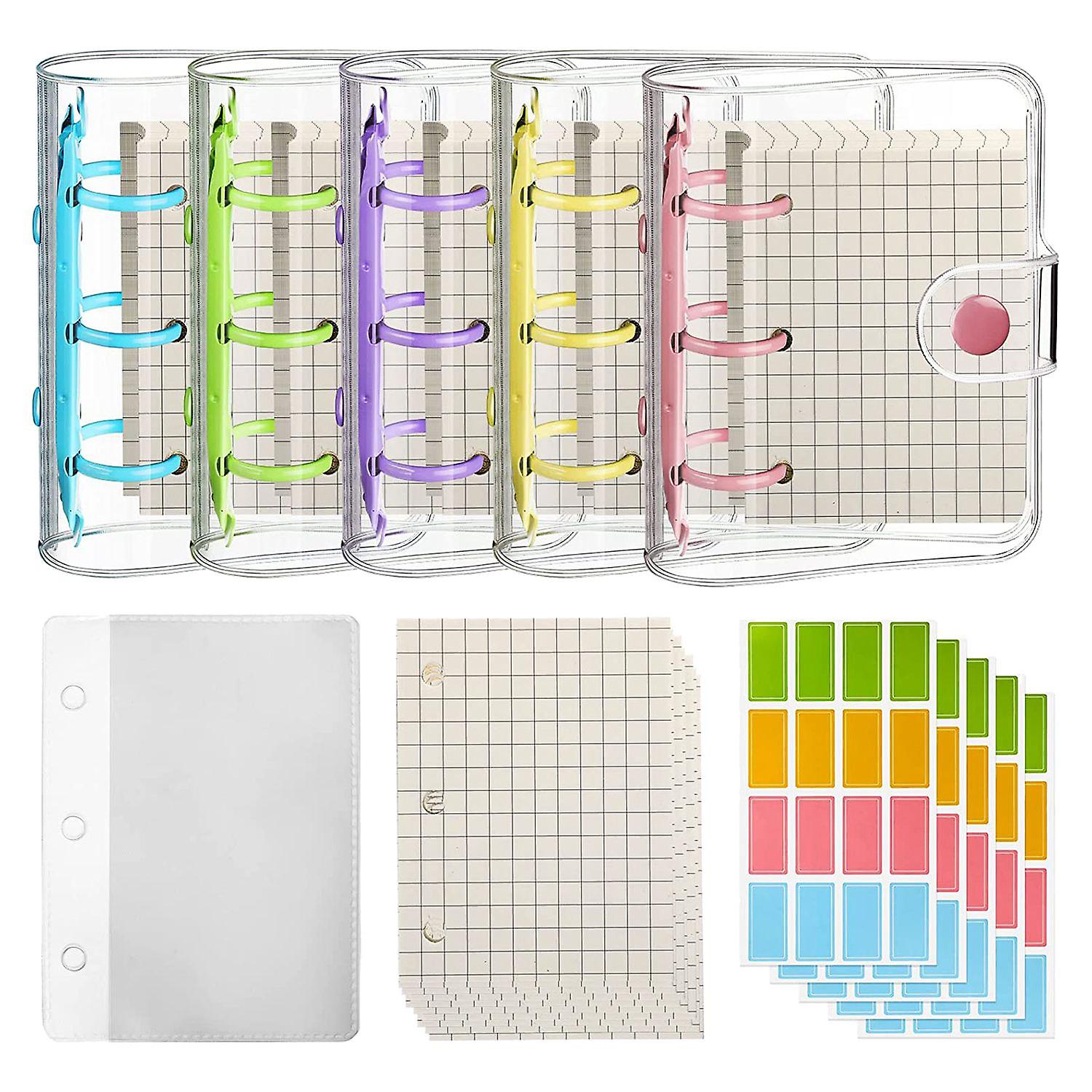 5 Pack Mini Transparent 3 Ring Covers with Inner Papers Bags Label Sticker Pockets