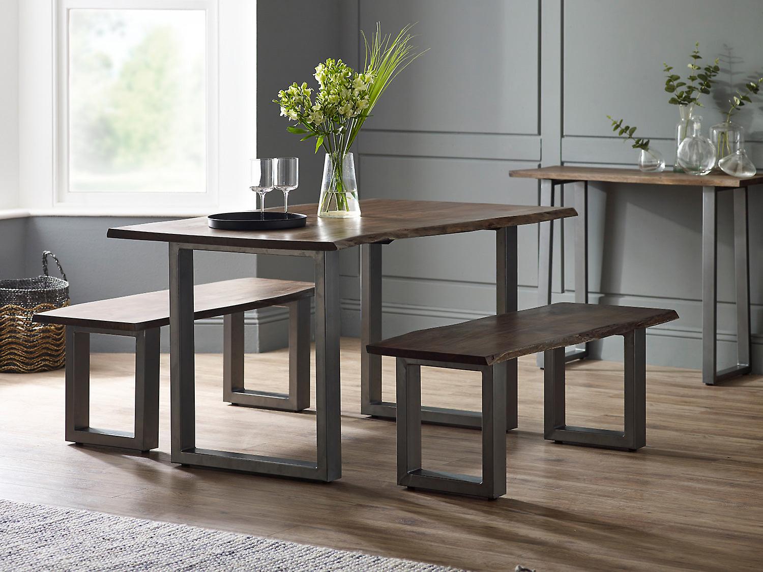 Dining Set With 2 Benches Grey Essential Live Edge