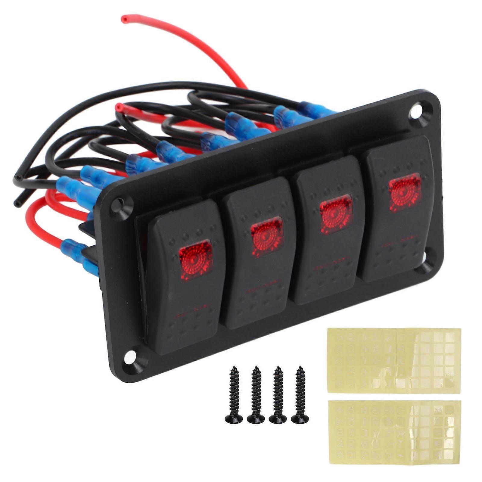 Red LED Rocker Switch 4 Gang Red Prewired Rocker Switch with 2PCS Sticker for Automobile Ship 12V 20A 24V 10A