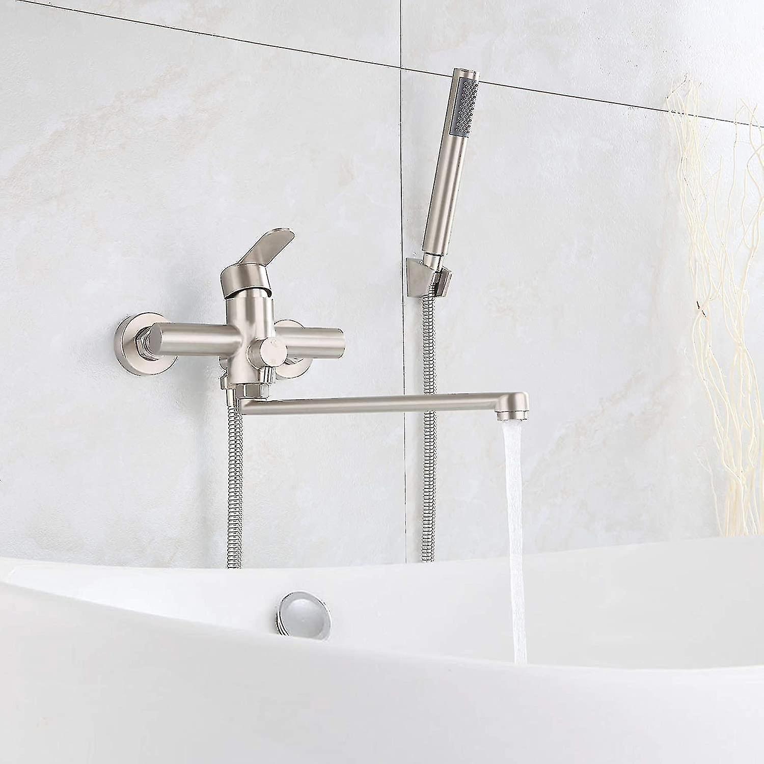 Bathtub Mixer Tap,bathtub Faucet With Hand Shower Round Single Handle Wall Mounted Brushed Stainless Steel Handheld Shower Faucet For Bathroom (hs