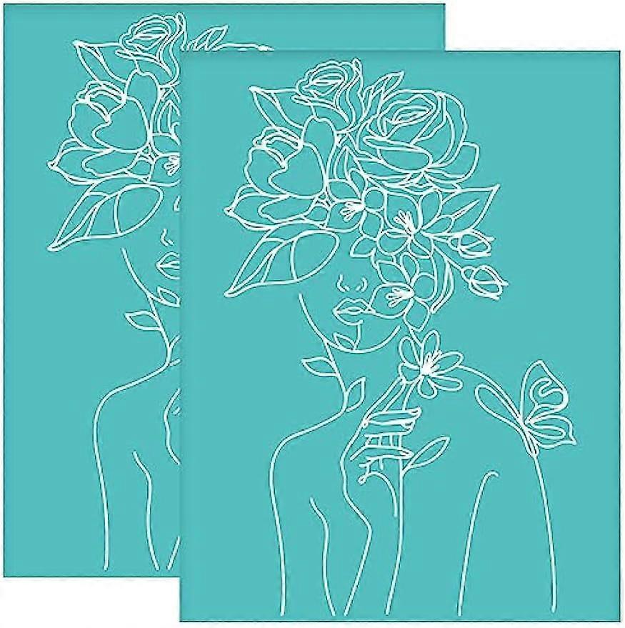 8.6x11 Inch 2Pcs Self-Adhesive Silk Screen Printing Stencil Women Pattern Mesh Transfers Stencil Abstract Lines Woman Rose Silk Screen Stencil for Pai