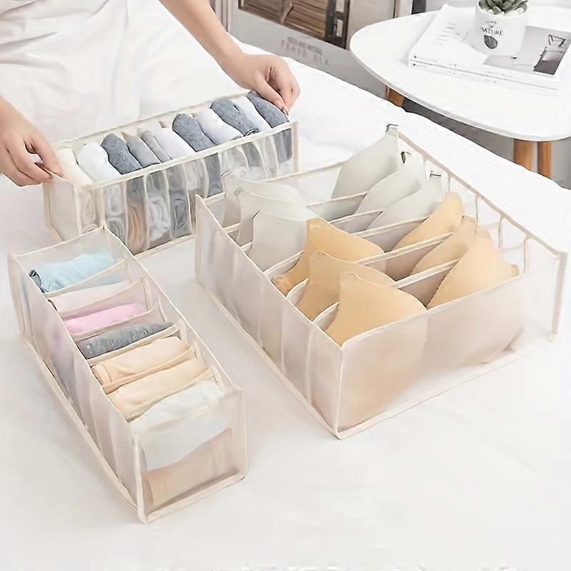 Set of 3 Foldable Acrylic Drawer Organizers - Adjustable 6/7/11 Grids Wardrobe Closet Underwear Drawer Dividers with Sock Holder - Washable, Space-Sav