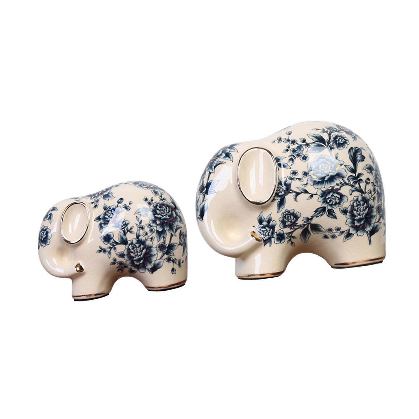 2x Animal Sculptures Collectible Figurines Tabletop Ceramic Elephant Statues Flowers