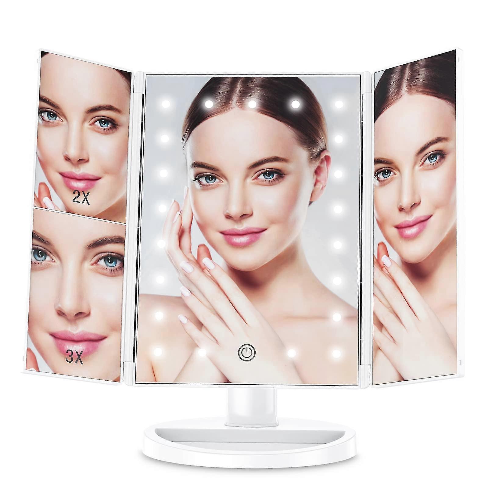 Makeup Mirror Foldable Triple Vanity Mirror With 22 Led Lights 2x 3x Magnification