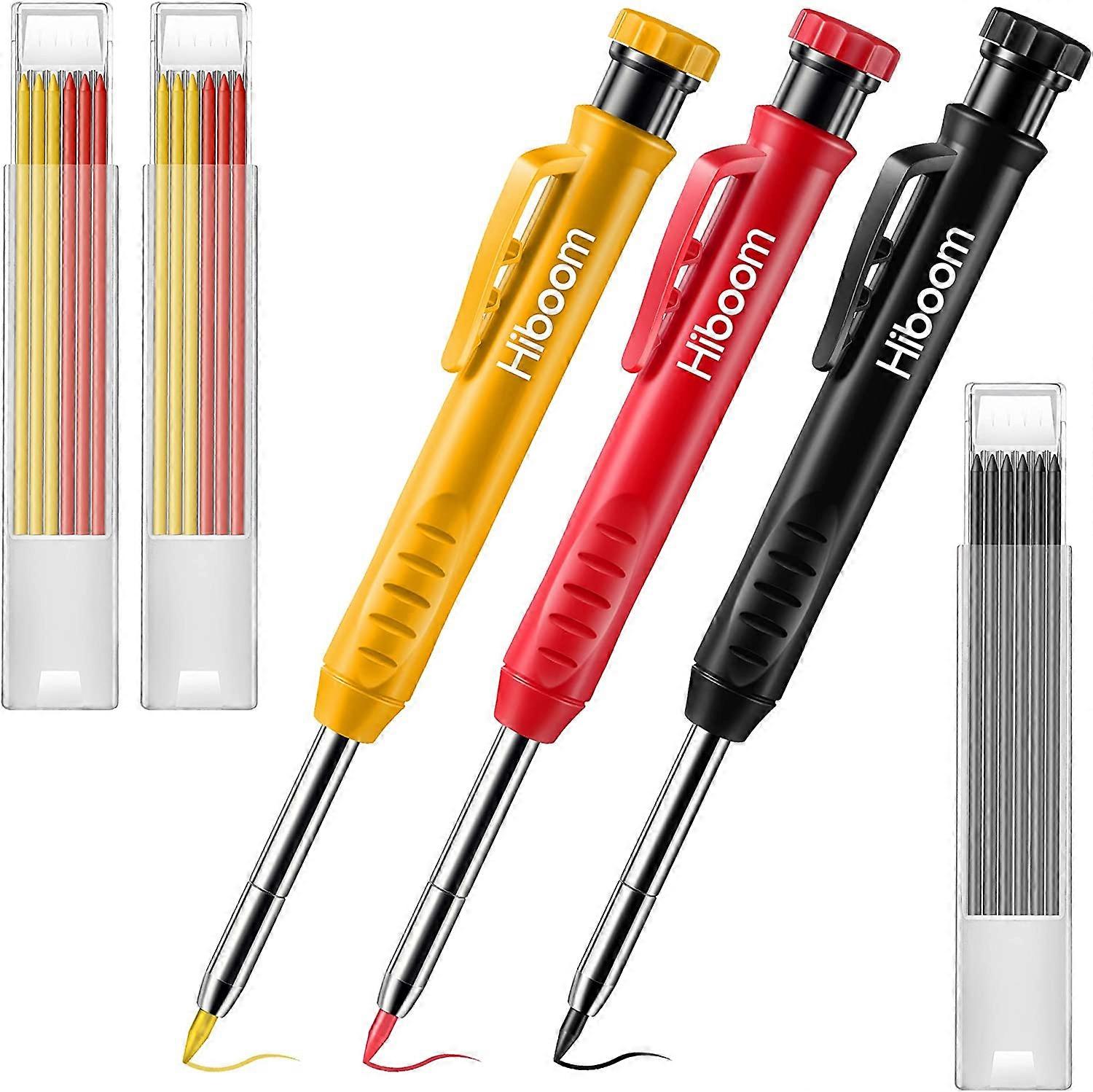 3 Pack Strong Carpenter Pencils With 21 Refills, Long Nose Mechanical Pencil And Deep Hole Marking Tool With Built-In Sharpener For Carpenter Gift