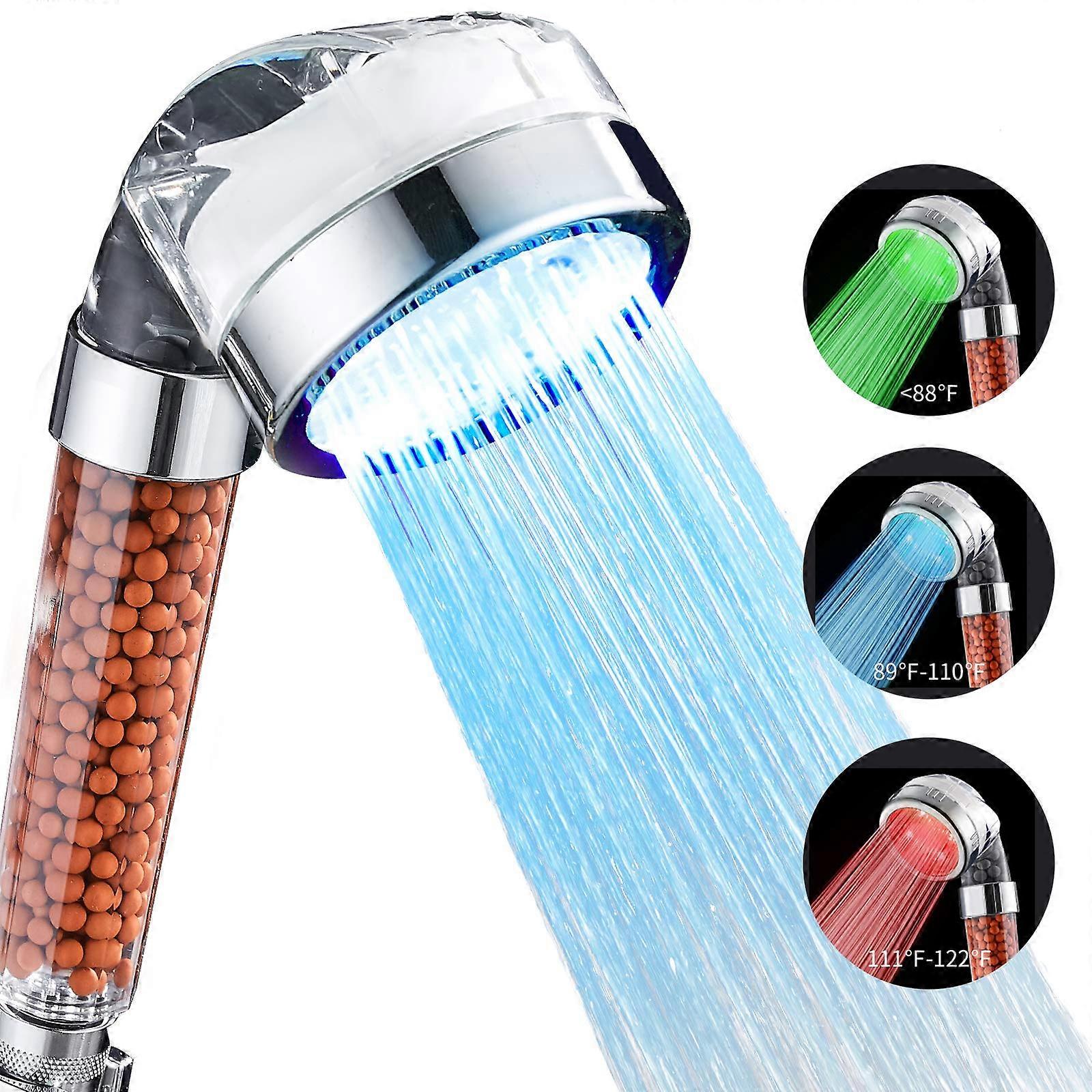 Handheld Shower Heads, 3 Color Modes Showerhead with Temperature Changed, LED High Pressure Showerheads with Replaceable Filtration for Hard or Soft W