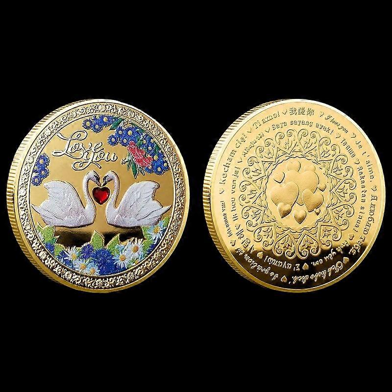 []ロマンチックラブスワン記念コインラブハートジェムエンボススーベニアメダルフレッシュフラワー塗装コインコレクティブル