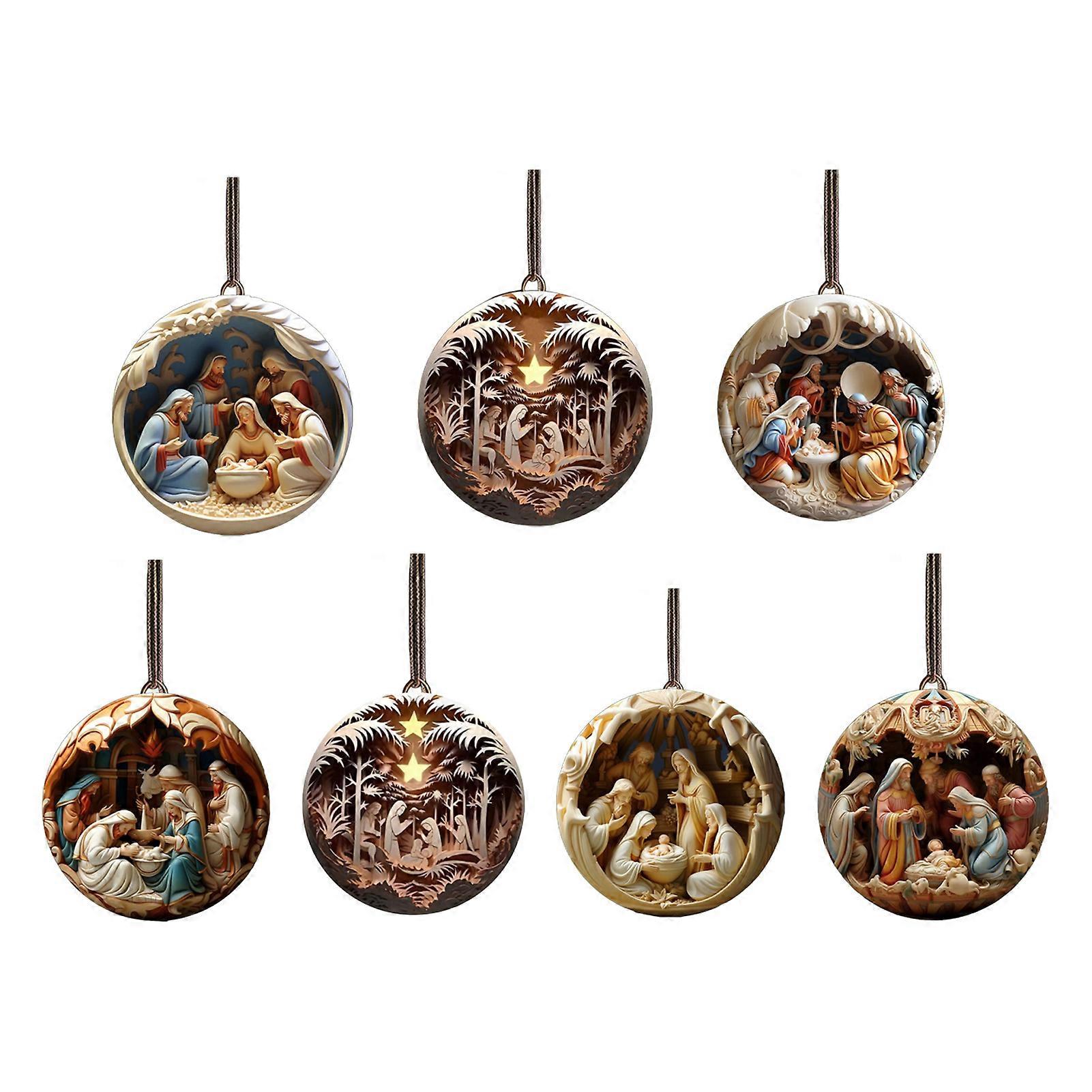 7 st julkrubba scen prydnader akryl födelse av Jesus hängsmycke julgran hängande dekorationer för träd väggfönster bil