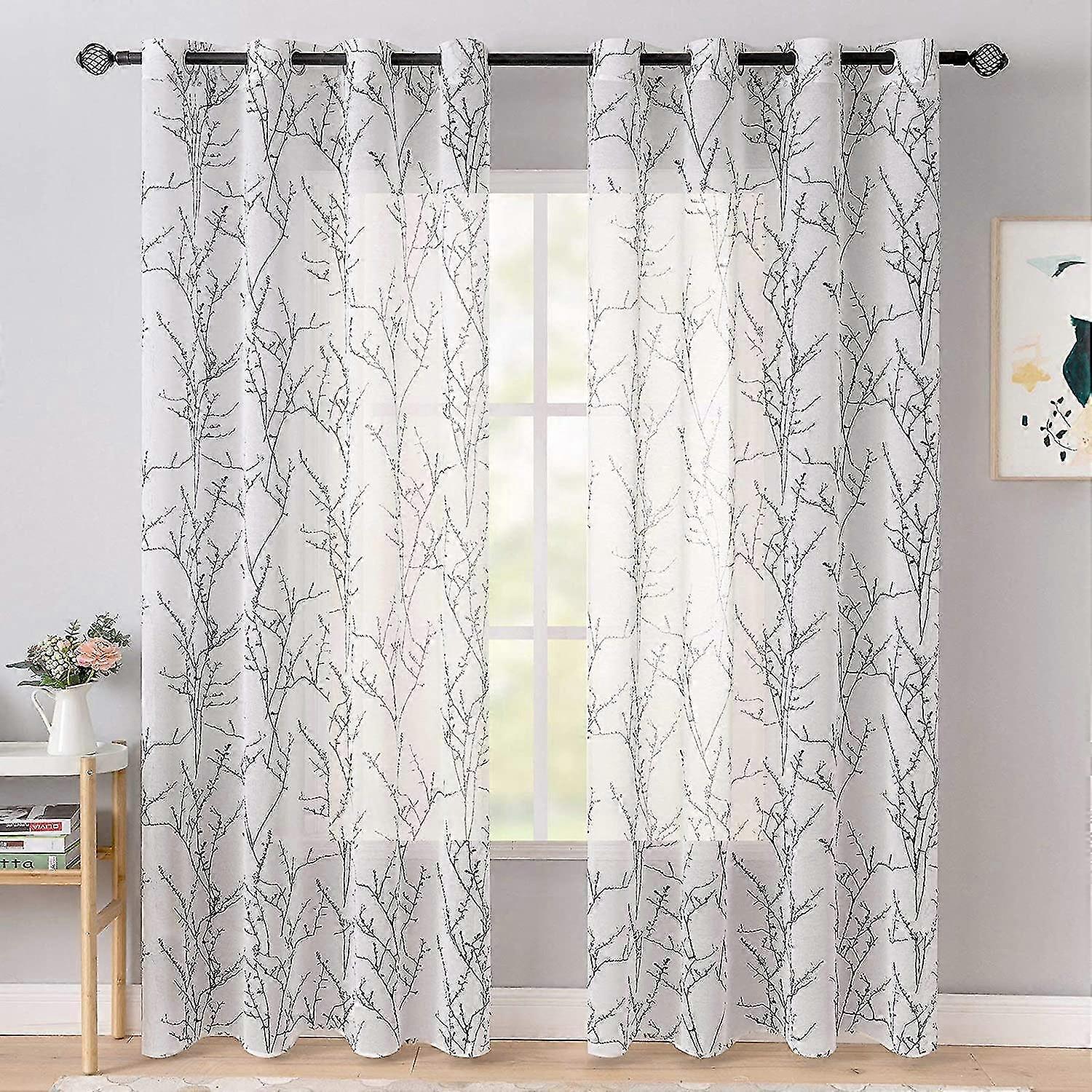 2 panel curtain branch pattern printed translucent curtain smooth elegant durable decor 140x160cm(lxh) black
