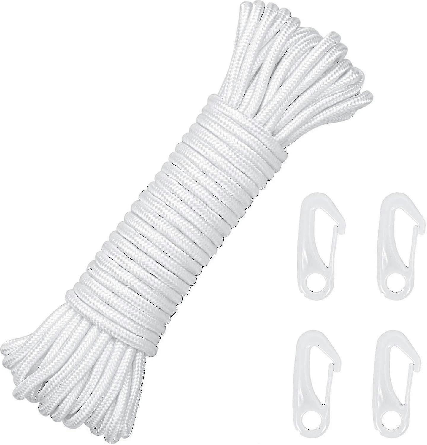 Sl 15m 6mm Nylon Flag Rope Flagpole Halyard Line White Double Braided With 4 Hook