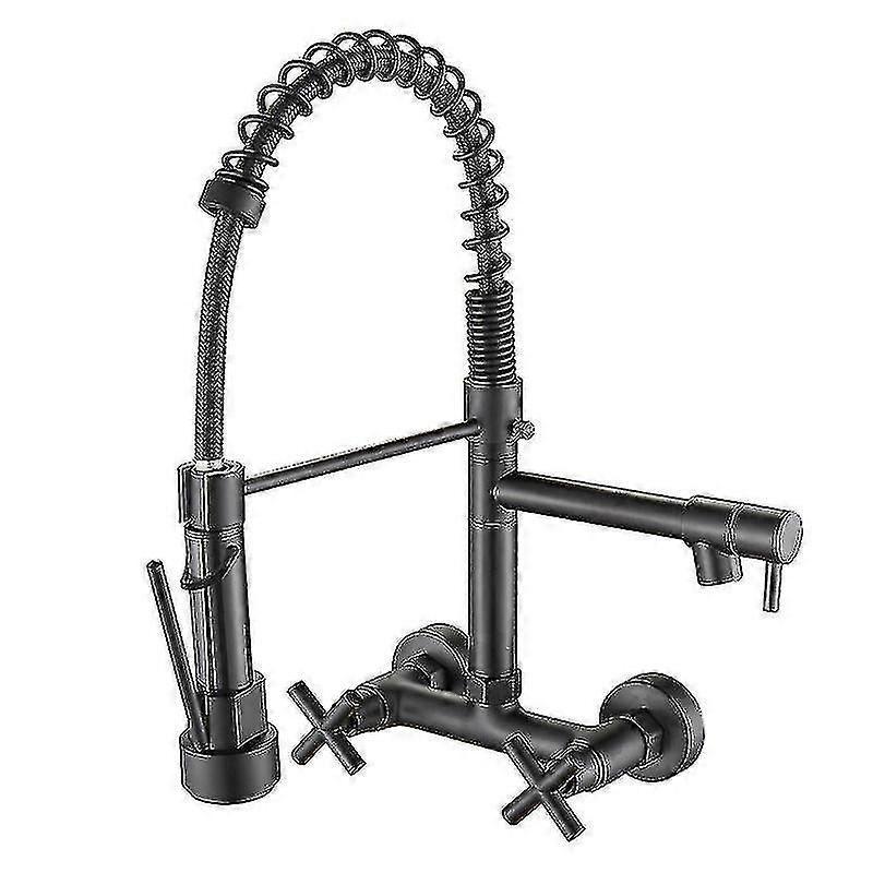 كروم / أسود المطبخ صنبور مزدوج مقابض الماء الساخن البارد خلاط المطبخ الحنفية الحائط المزدوج قطب صنبور الربيع سحب الحنفيات
