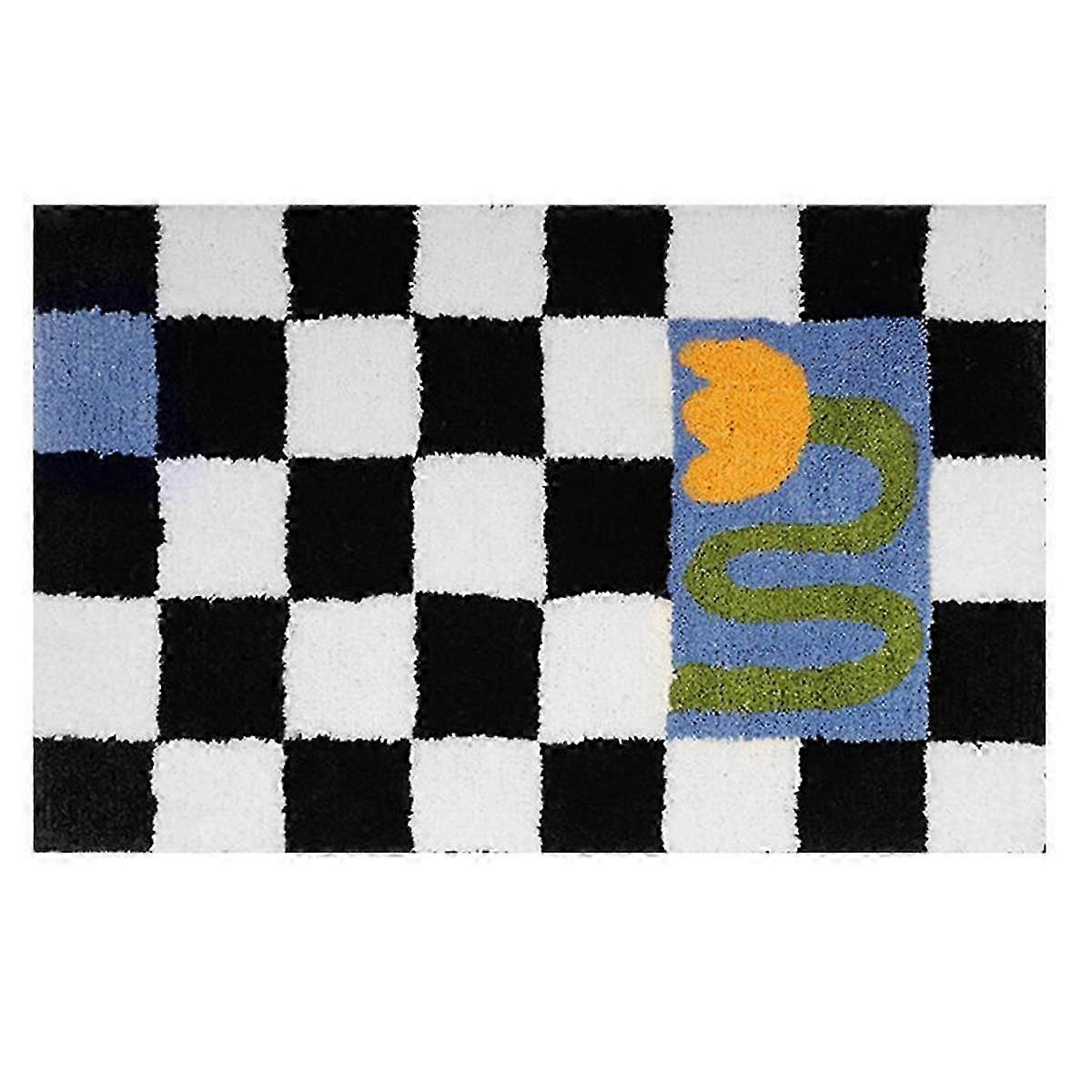 フラワーバスマット ソフトプラッシュ チェッカーボード グリッド ソフトフローラル バスルームカーペット ベッドサイドカーペット 装飾 滑り止めフロアマット E