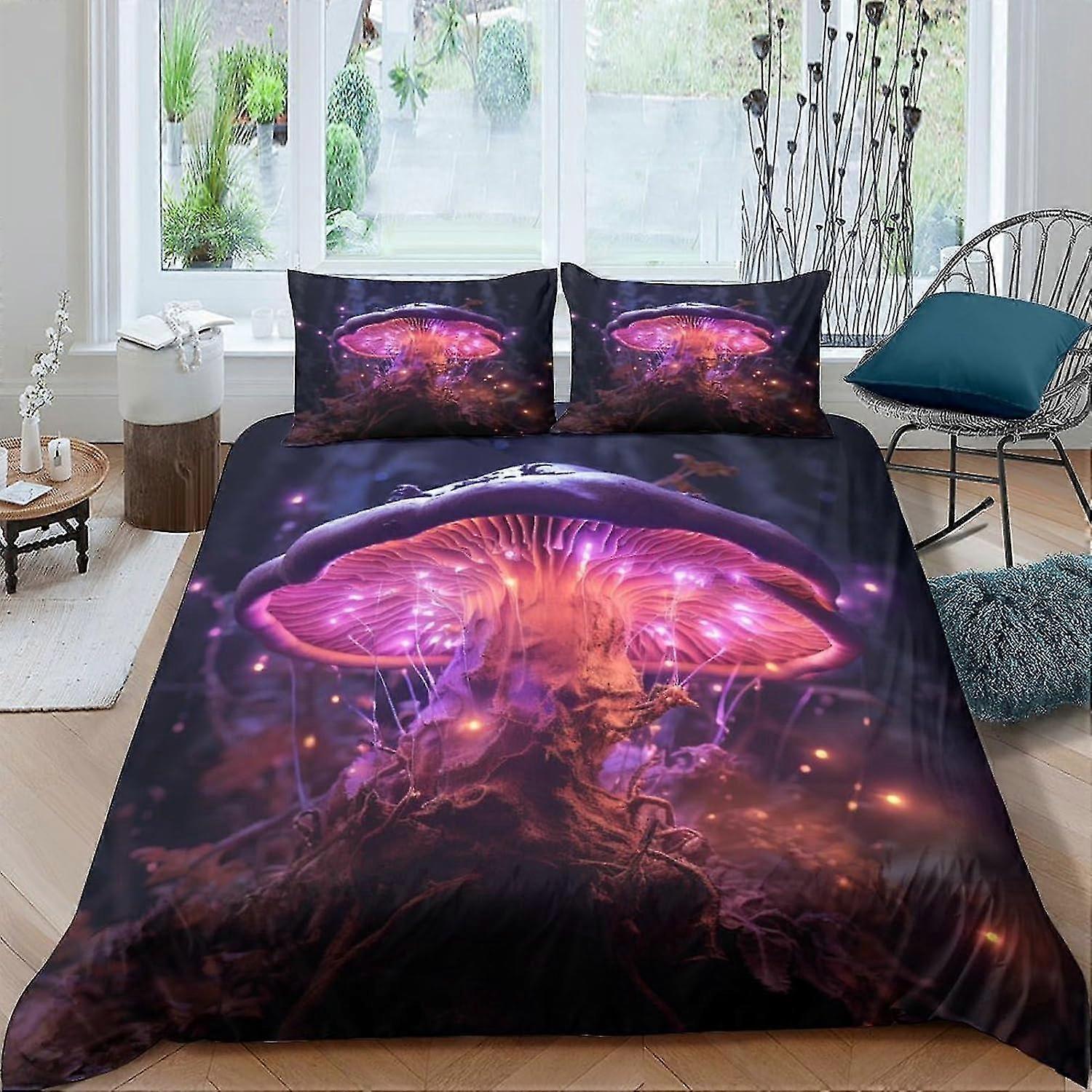 o5615 Lençóis Fantasia Cogumelos Impressão 3D Conjuntos de Cama, com Fronhas, Conjuntos de Capa de Edredom Microfibra Macia 3 Peças, Capa de Colcha de Floresta de Fadas com 